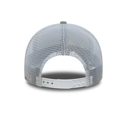 New Era Green 9FORTY Trucker Adjustable Cap, rear view showing the white mesh back panels with a curved design, a green top button, and the adjustable white snap closure for a custom fit.