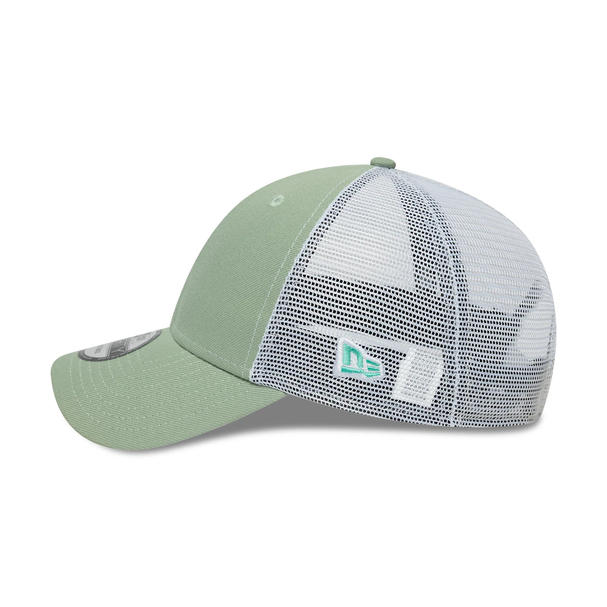 New Era Green 9FORTY Trucker Adjustable Cap, side view showing the structured green crown with a white mesh back panel, the teal New Era flag logo embroidered on the left side, and a curved green visor with a 9FORTY size sticker.