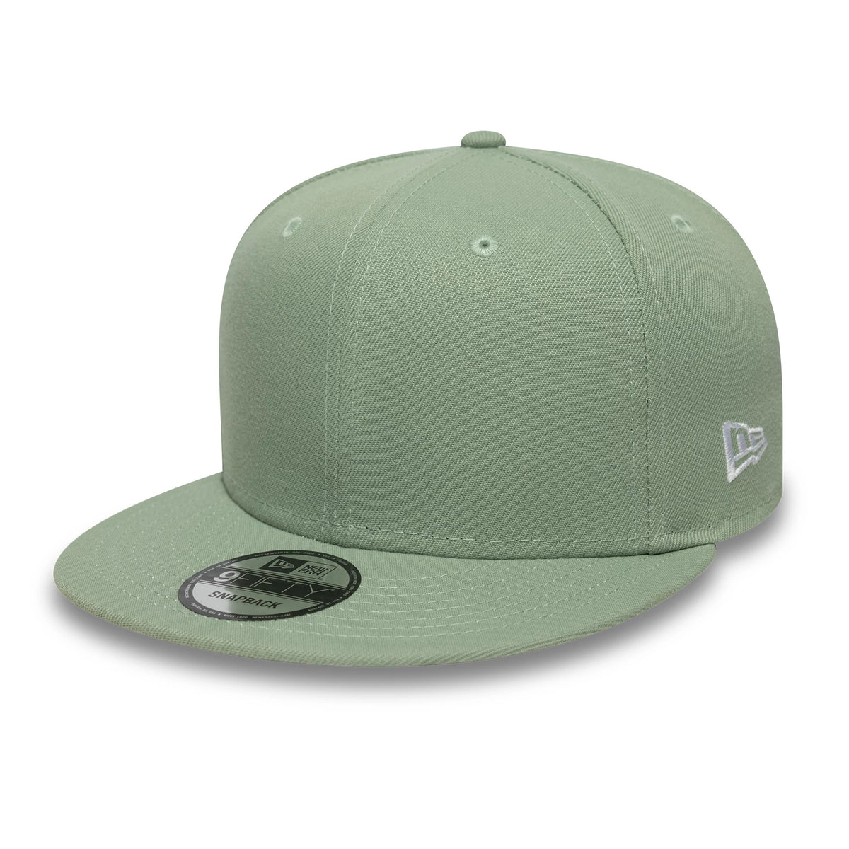 New Era Green 9FIFTY Snapback Adjustable Cap, three-quarter view showing the white embroidered New Era flag logo on the left side of the structured green crown, with a matching green flat visor and a black 9FIFTY size sticker on the visor.