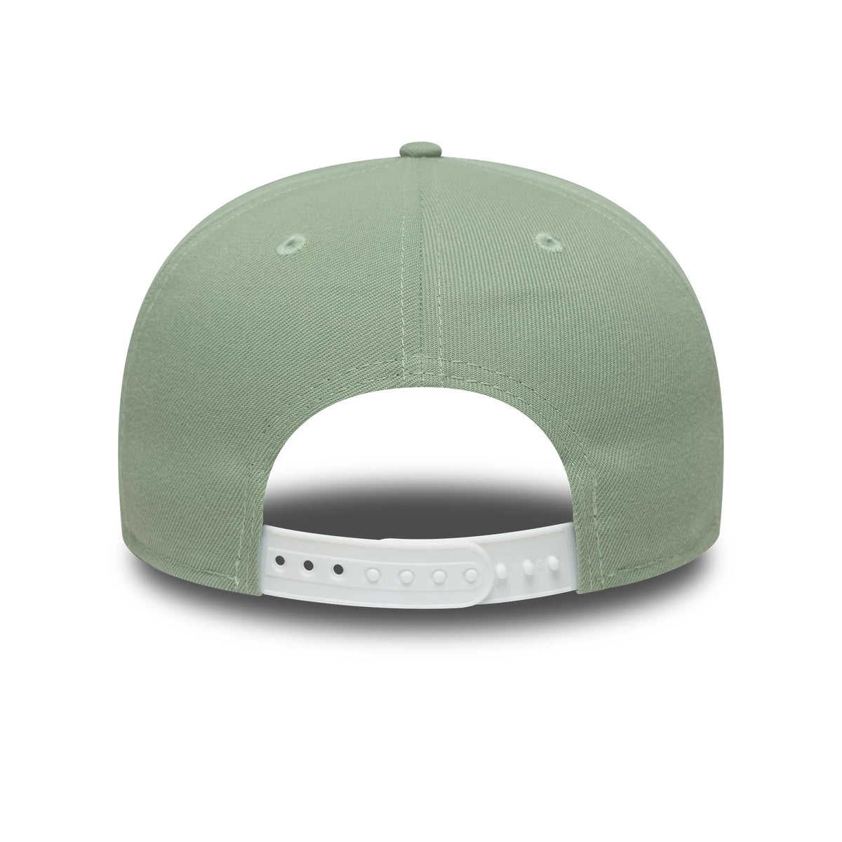 New Era Green 9FIFTY Snapback Adjustable Cap, rear view showing an unadorned centre back, the structured light green crown featuring embroidered eyelets and a top button, and an adjustable white snapback closure for a customised fit.