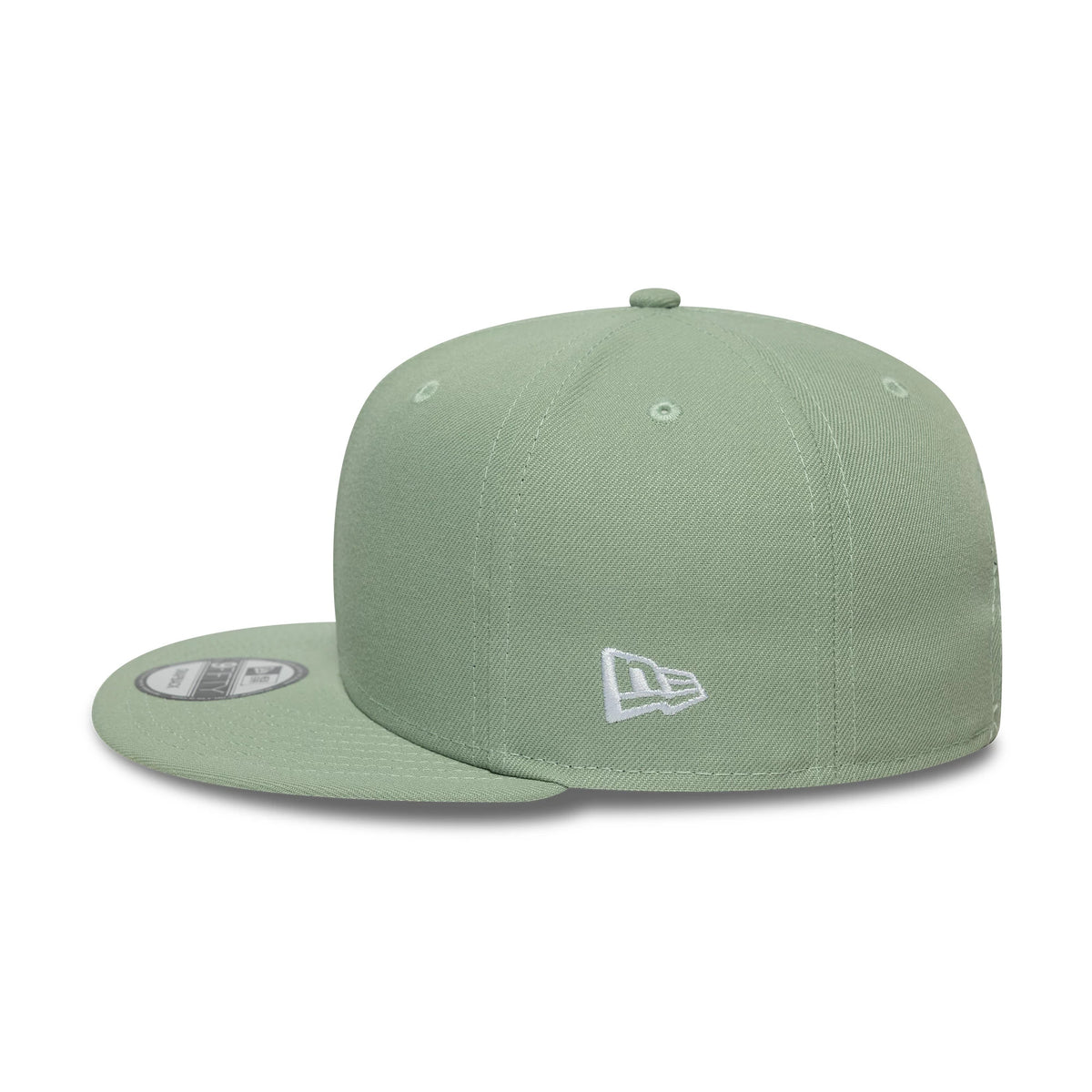 New Era Green 9FIFTY Snapback Adjustable Cap, side view showing the white embroidered New Era flag logo on the left side panel, with a curved green visor and complementing 9FIFTY size sticker on the top.