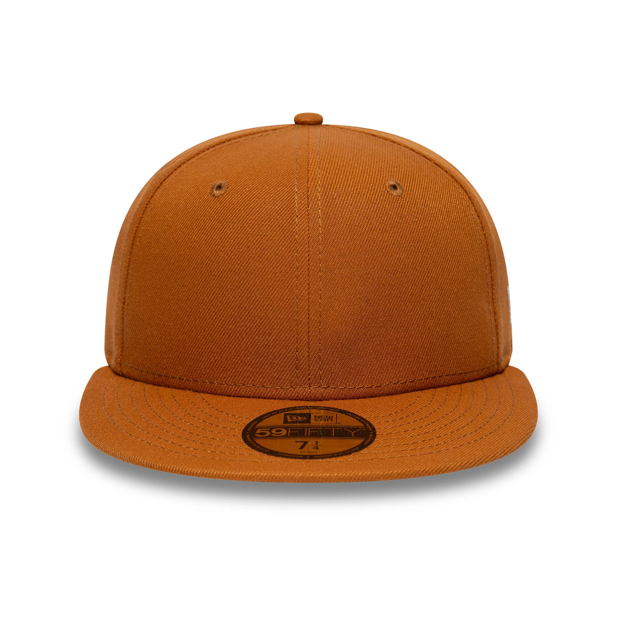 New Era Brown 59FIFTY Fitted Cap, front view showing the seamless brown structured crown with matching eyelets and top button, curved brown visor with black and gold 59FIFTY size sticker, crafted in rich brown fabric.
