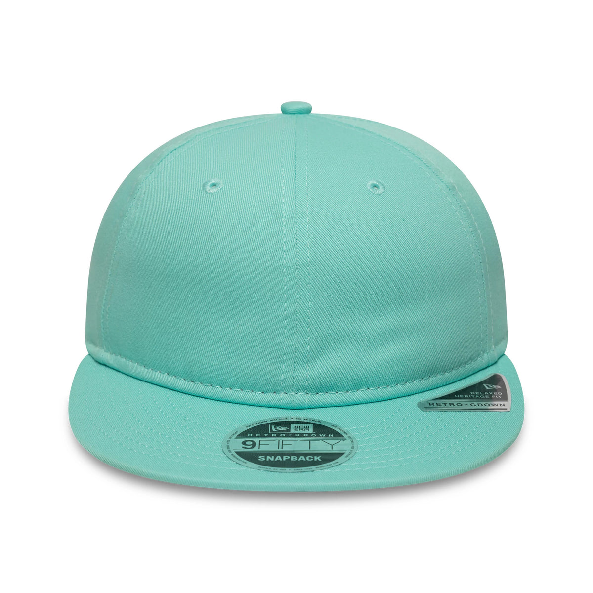 New Era Turquoise Retro Crown 9FIFTY Snapback Adjustable Cap, front view showing a turquoise structured crown with matching flat visor, central New Era 9FIFTY size sticker, and two additional stickers on the visor's top surface.