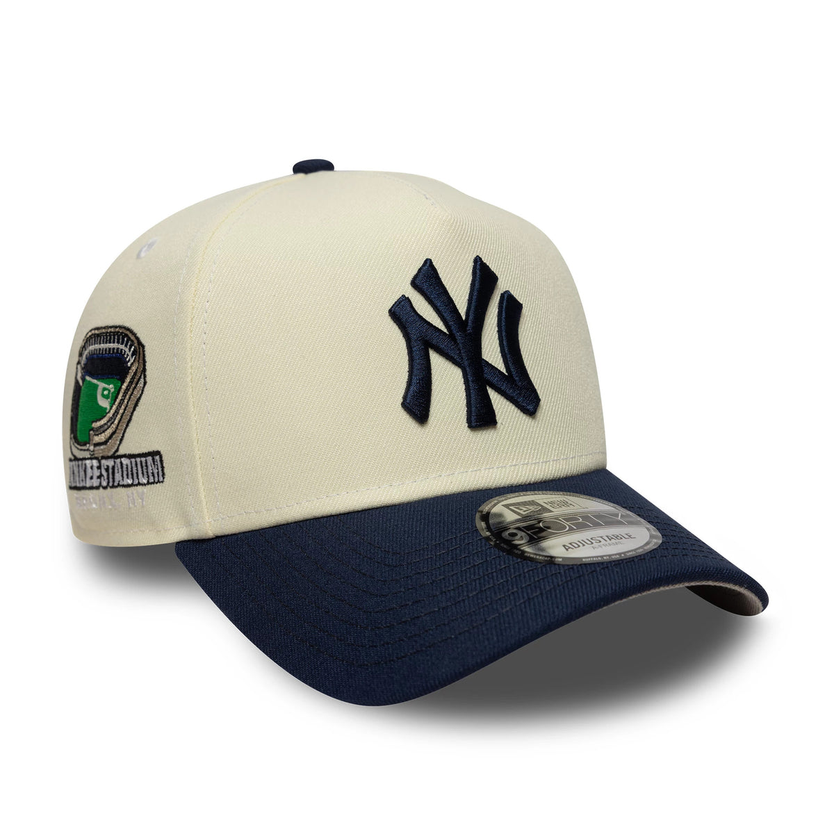 New York Yankees MLB Chrome Blue Contrast Cream New Era 9FORTY A-Frame Adjustable Cap, front view showing the raised navy NY logo embroidered on the cream front panel, a contrasting navy curved visor with a 9FORTY size sticker.