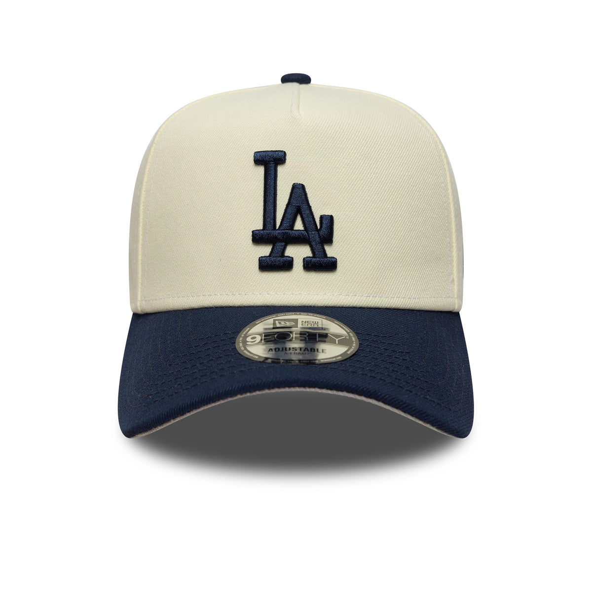 LA Dodgers MLB Chrome Blue Contrast Cream New Era 9FORTY A-Frame Adjustable Cap, front view showing a raised navy LA logo on the cream front panel, a contrasting blue curved visor and the 9FORTY size sticker placed on top.