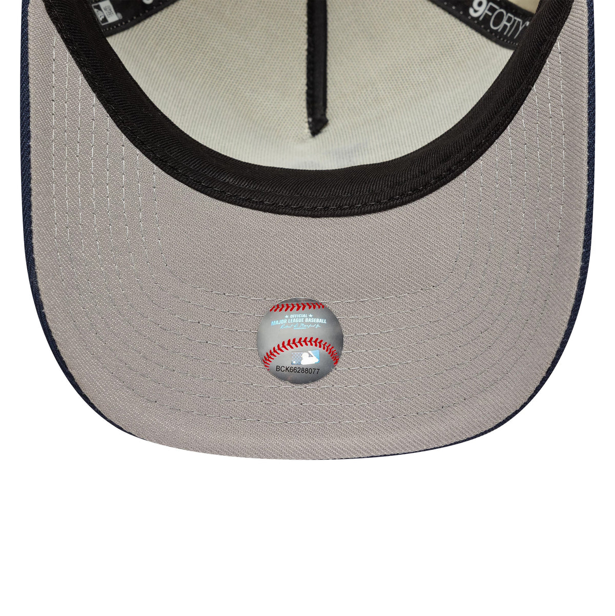 LA Dodgers MLB Chrome Blue Contrast Cream New Era 9FORTY A-Frame Adjustable Cap, inside view showing a grey undervisor with a baseball-shaped sticker, black sweatband along the edge, and black taping featuring the 9FORTY logo.