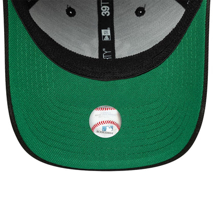 New York Yankees MLB Black New Era 39THIRTY Stretch Fit Cap, inside view showing green undervisor with a baseball graphic sticker, grey inner lining with black 39THIRTY taping, and round black eyelets on the structured crown.