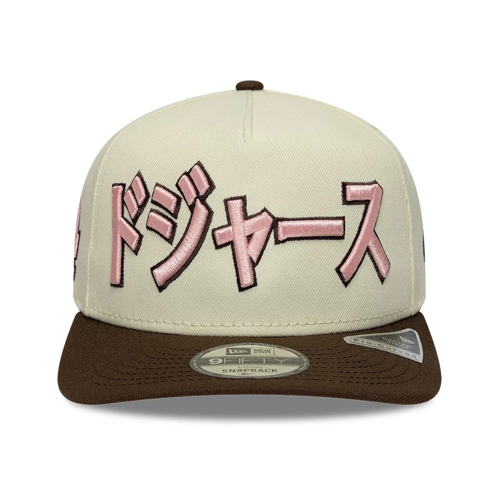 Pictured is this MLB Kanji LA Dodgers 9FIFTY A-Frame Snapback Adjustable cap in cream. 3