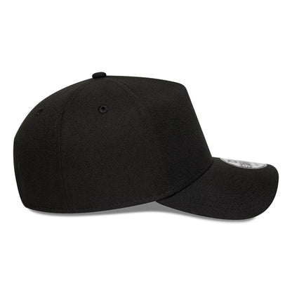 New Era Black 9FORTY A-Frame Adjustable Cap, side view showing the black crown with embroidered eyelets, curved black visor, and the grey 9FORTY size sticker on the top of the visor.