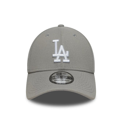 LA Dodgers MLB Grey New Era 39THIRTY Stretch Fit Cap, front view showing the large raised embroidered white LA logo on the grey structured front panel, with a curved visor and 39THIRTY size sticker on the centre of the visor.