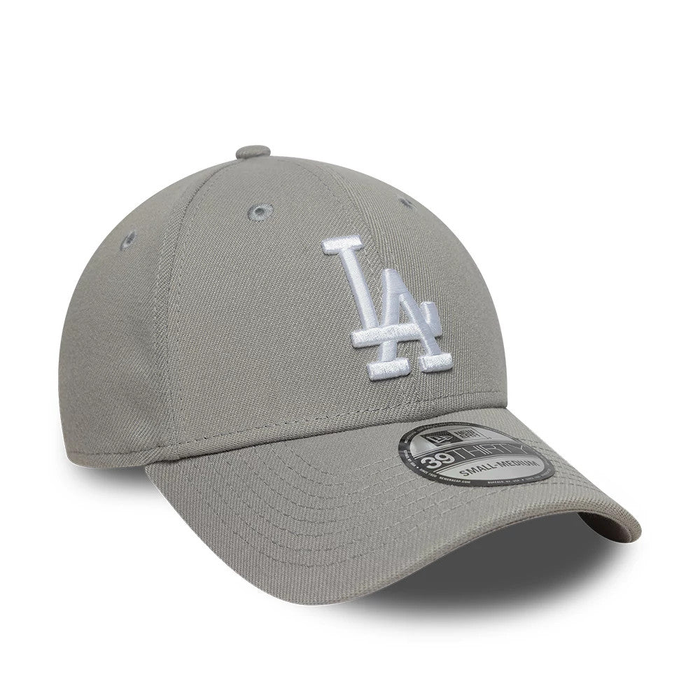 LA Dodgers MLB Grey New Era 39THIRTY Stretch Fit Cap, three-quarter view showing the raised white embroidered LA logo on the structured grey front panel, with eyelets, a curved visor, and a 39THIRTY size sticker on the visor.
