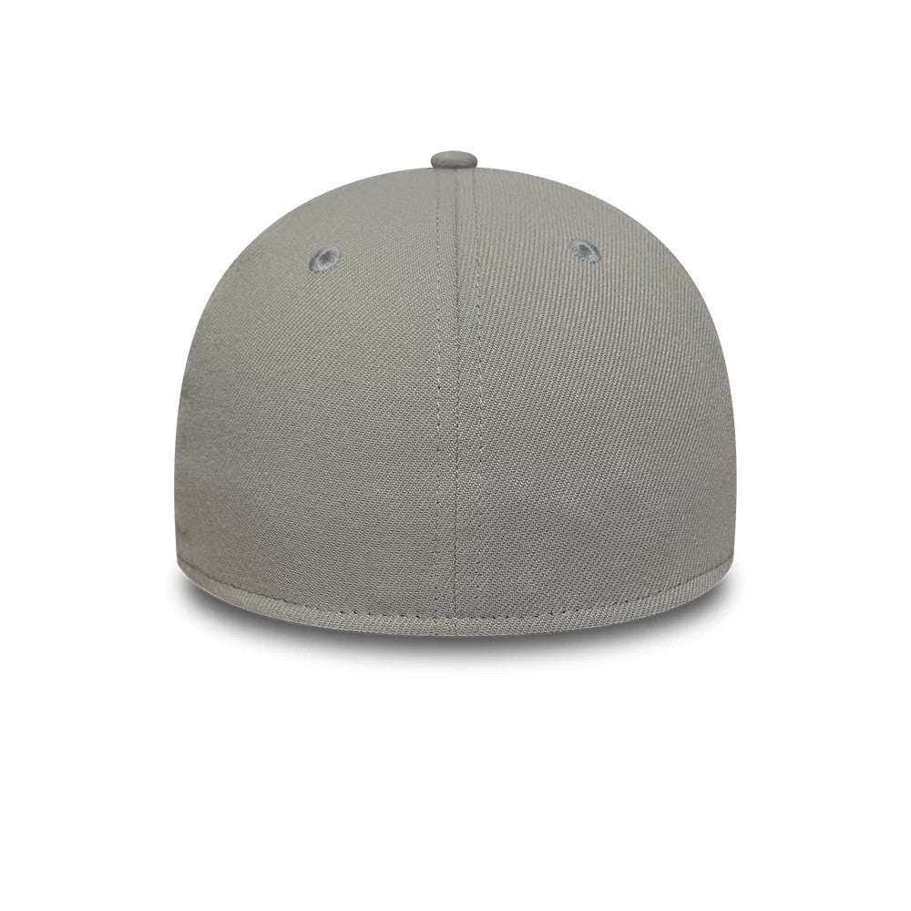 LA Dodgers MLB Grey New Era 39THIRTY Stretch Fit Cap, rear view highlighting the absence of any back logo on the grey crown, with grey eyelets evenly placed on top and a matching grey top button for a unified look.