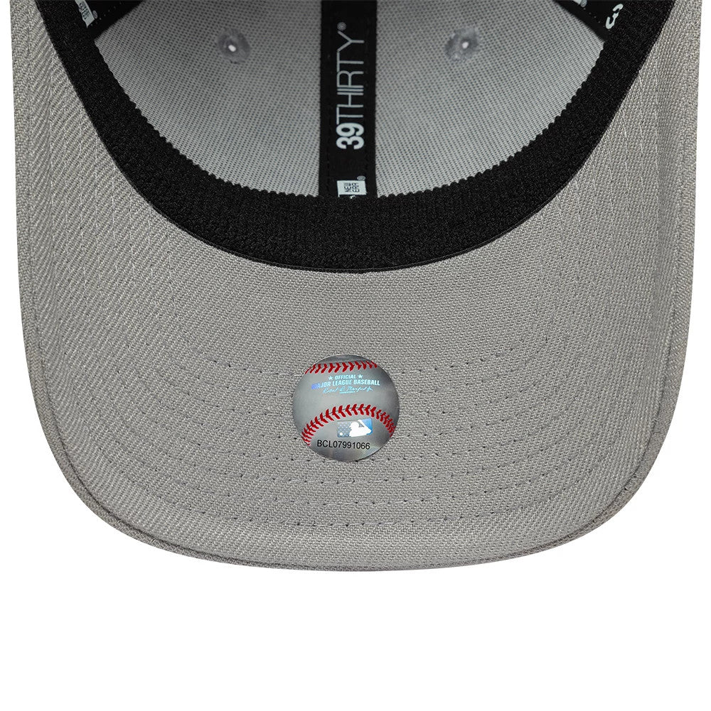 LA Dodgers MLB Grey New Era 39THIRTY Stretch Fit Cap, inside view showing the grey undervisor with a detailed baseball design MLB sticker near the edge, black sweatband lining, and the 39THIRTY label across the inner taping.
