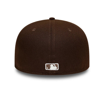 New York Yankees MLB Dark Brown New Era 59FIFTY Fitted Cap, rear view showing the white embroidered MLB Batterman logo centred on the dark brown structured crown, with two brown eyelets and a matching top button for a finish.