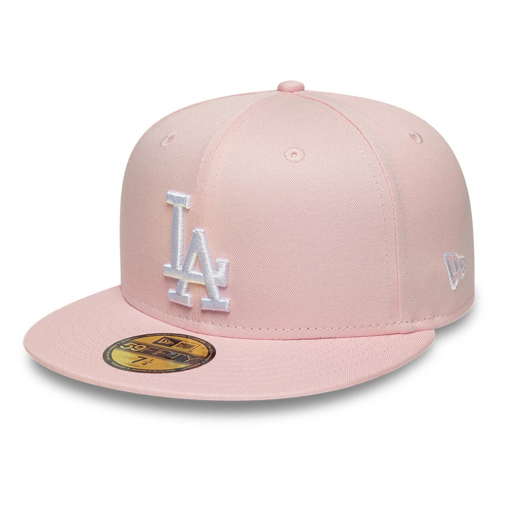 LA Dodgers MLB Pink New Era 59FIFTY Fitted Cap, three-quarter view showing the white raised embroidered LA logo on the front panel, the pink flat visor with a gold 59FIFTY size sticker, and the embroidered New Era flag logo on the left side.