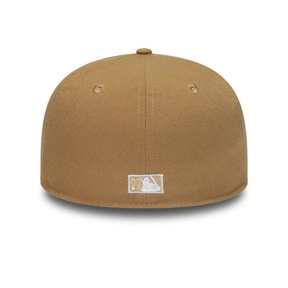 Atlanta Braves MLB Sidepatch Beige New Era 59FIFTY Fitted Cap, rear view showing a white and beige embroidered MLB Batterman logo centred on the back panels, with a beige crown and matching eyelets.