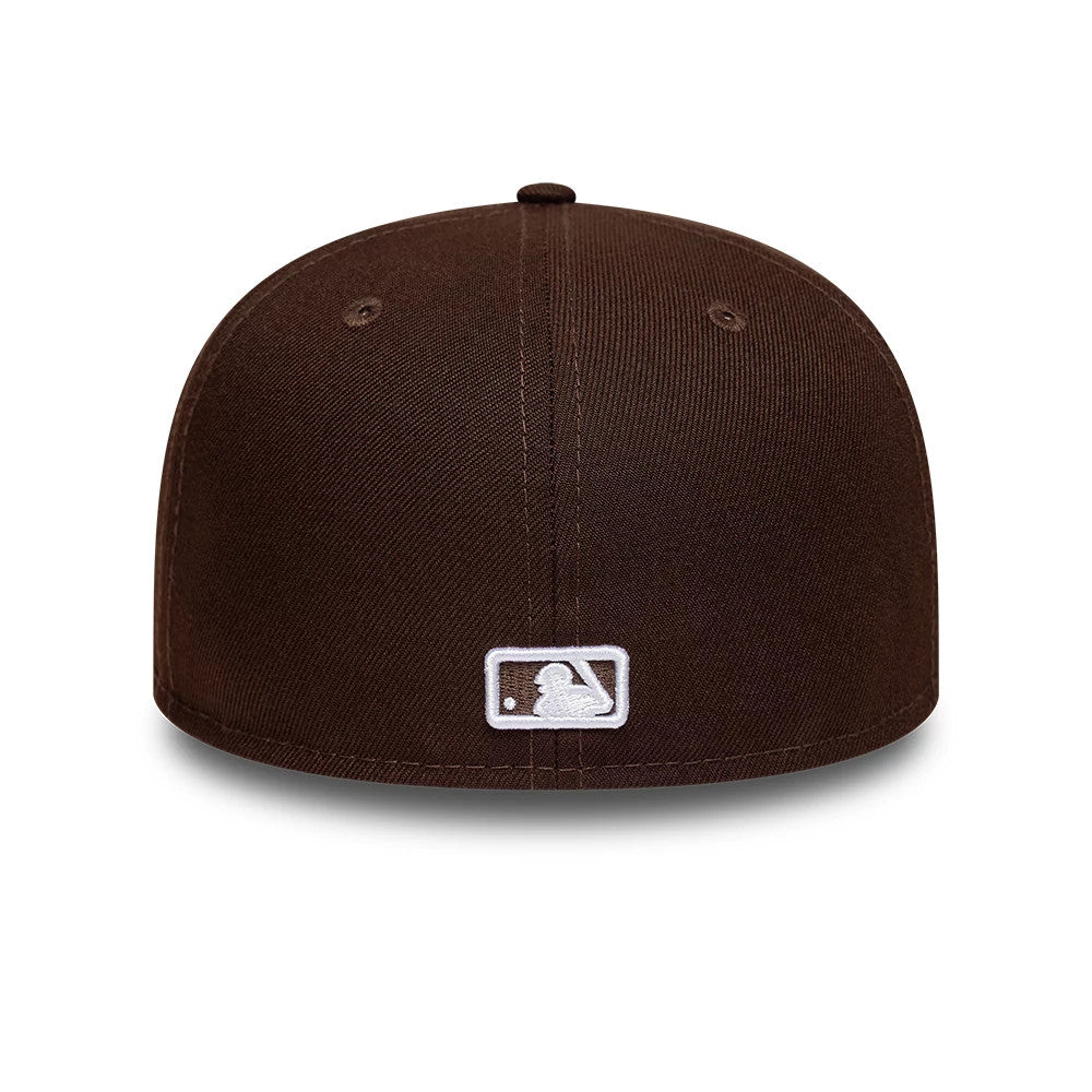 Athletics MLB Dark Brown New Era 59FIFTY Fitted Cap, rear view showing the white embroidered MLB Batterman logo at the centre of the back panels, with a structured dark brown crown and matching top button.