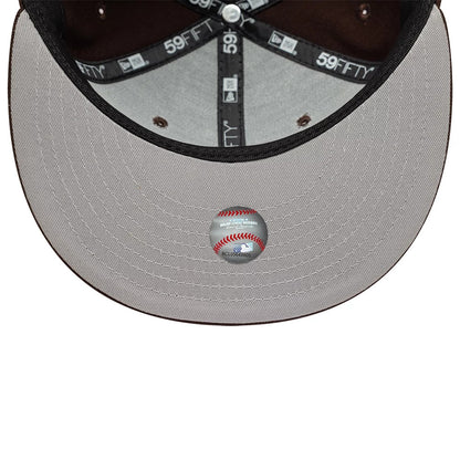 Detroit Tigers MLB Dark Brown New Era 59FIFTY Fitted Cap, inside view showing the grey undervisor with a central baseball graphic sticker, black branded taping along the seams, and a white sweatband for added comfort.