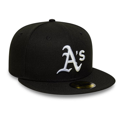 Athletics MLB Black New Era 59FIFTY Fitted Cap, front view showing the white embroidered Athletics logo on the front panel, with a black flat visor and a gold 59FIFTY size sticker centred on the visor.