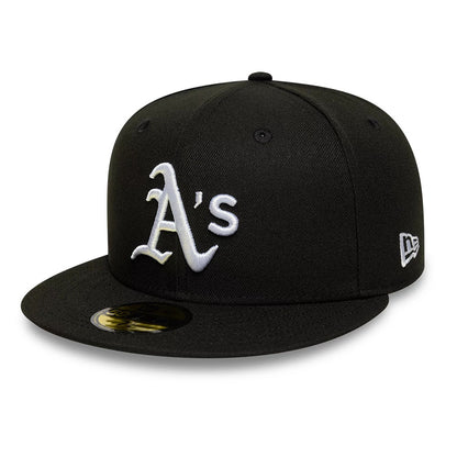 Athletics MLB Black New Era 59FIFTY Fitted Cap, front view showing a white raised embroidered A’s logo on the front panel, a black flat visor with a gold 59FIFTY size sticker, and the New Era flag logo on the left side.