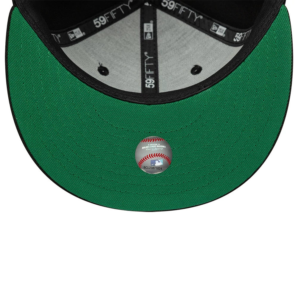 Athletics MLB Black New Era 59FIFTY Fitted Cap, inside view showing a green undervisor with a baseball-themed sticker, contrasted by the grey sweatband and black taping featuring multiple 59FIFTY logos.