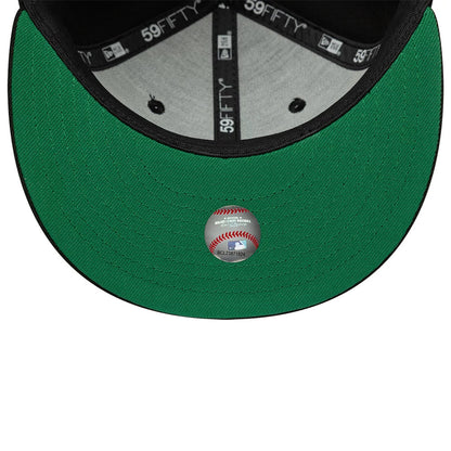 Athletics MLB Black New Era 59FIFTY Fitted Cap, inside view showing a green undervisor with a baseball-themed sticker, contrasted by the grey sweatband and black taping featuring multiple 59FIFTY logos.
