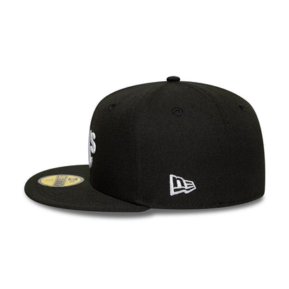 Athletics MLB Black New Era 59FIFTY Fitted Cap, side view showing the white embroidered New Era flag logo on the left side of the structured black crown, with a flat black visor and a gold 59FIFTY size sticker.