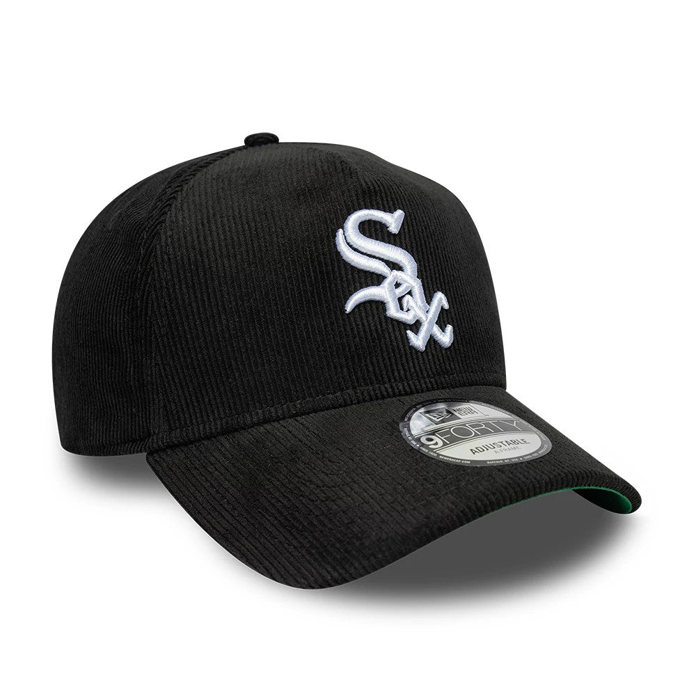 Chicago White Sox MLB Cord Black New Era 9FORTY A-Frame Adjustable Cap, three-quarter view with a raised white Sox logo embroidered on the front panel, black corduroy visor, and a 9FORTY size sticker placed on the visor.
