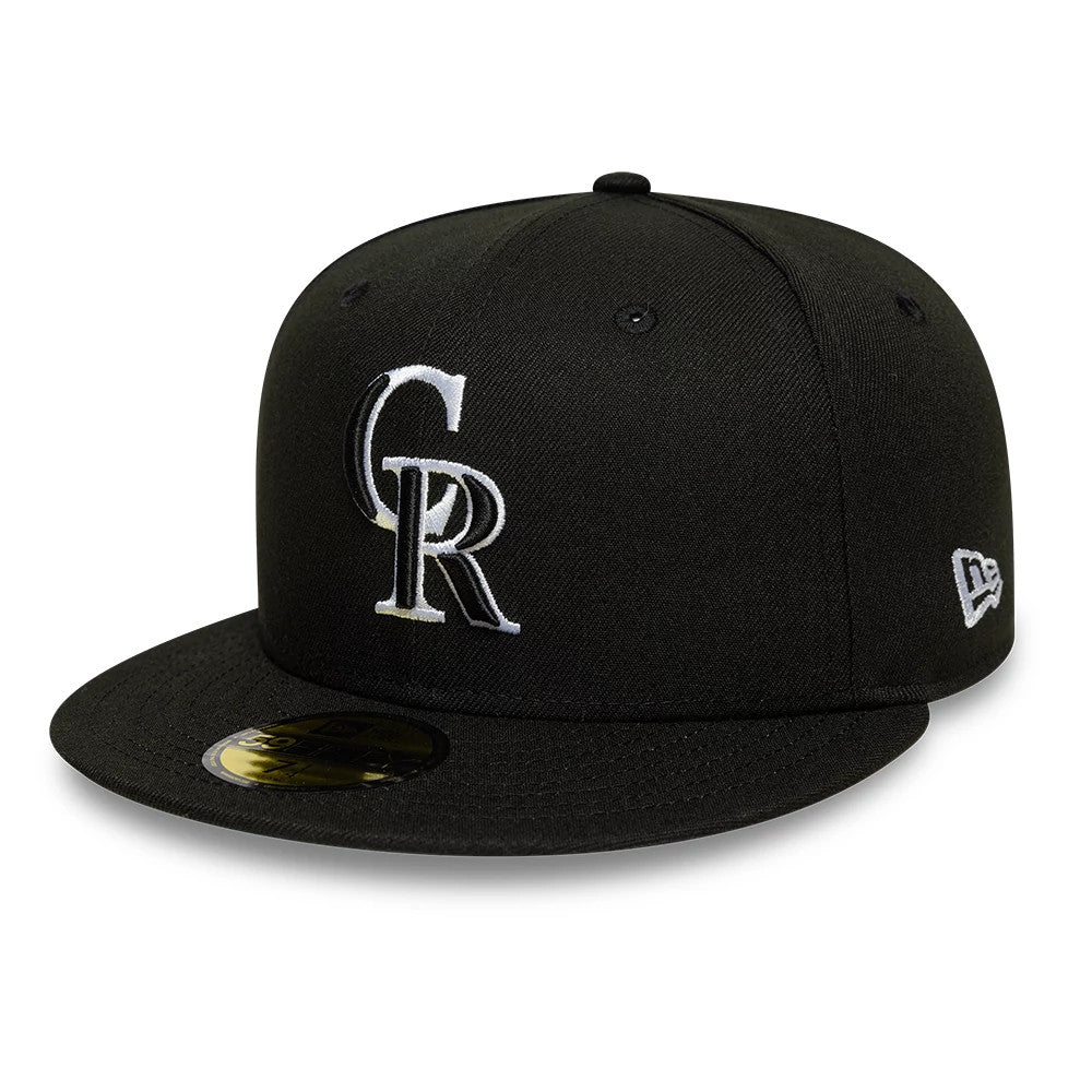 Colorado Rockies MLB Black New Era 59FIFTY Fitted Cap, front view showing the black structured crown with a raised white and silver embroidered CR logo on the front panel, and the New Era flag logo on the left side of the black visor.