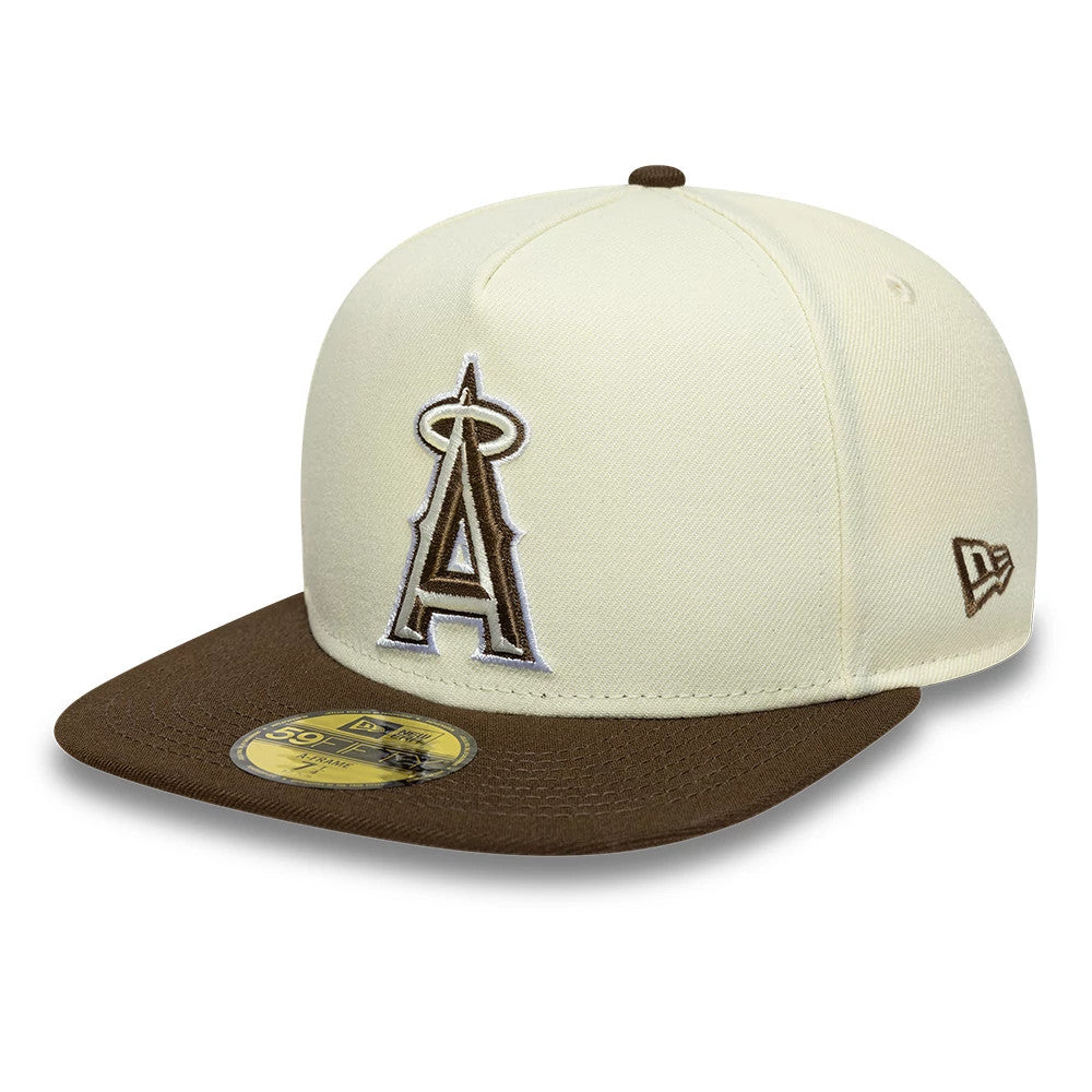 LA Angels MLB Cream New Era 59FIFTY A-Frame Fitted Cap, front view showing the brown raised embroidered LA Angels logo on the cream front panel, with a contrasting brown visor, and a gold 59FIFTY size sticker on the visor.