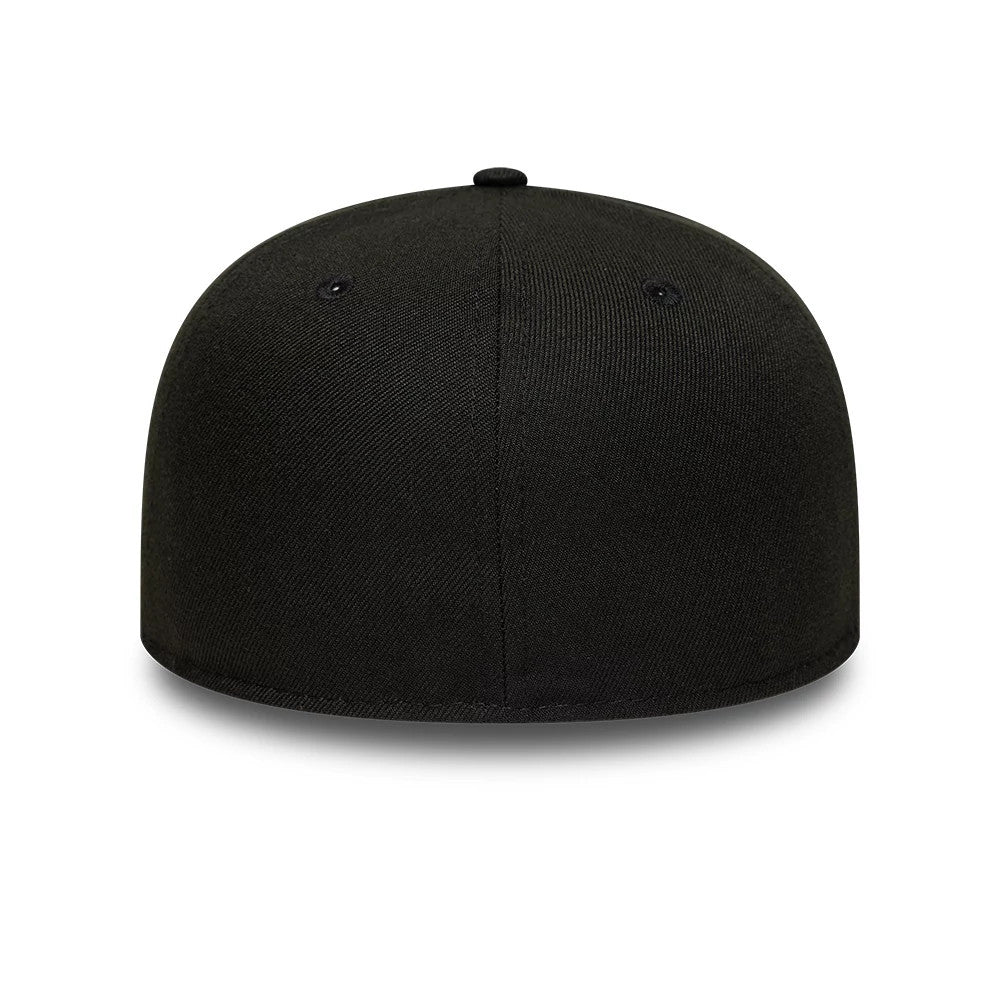 New Era Black 59FIFTY A-Frame Fitted Cap, rear view showing the seamless black structured crown with no back logo or embroidery, highlighting the simplicity of the cap design with a top button and matching black eyelets.
