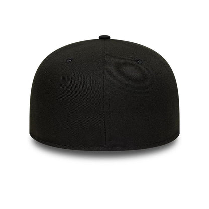 New Era Black 59FIFTY A-Frame Fitted Cap, rear view showing the seamless black structured crown with no back logo or embroidery, highlighting the simplicity of the cap design with a top button and matching black eyelets.