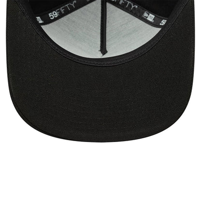 New Era Black 59FIFTY A-Frame Fitted Cap, inside view showing the black undervisor, matching black taping with repeated white 59FIFTY branding and a grey sweatband lining the interior crown for comfort and structure.