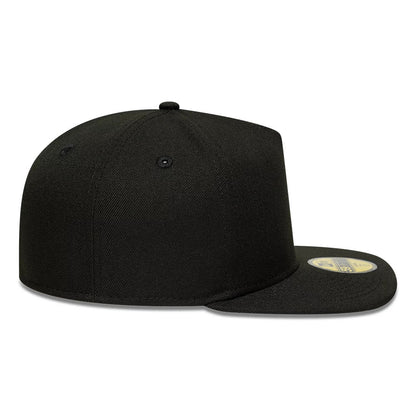 New Era Black 59FIFTY A-Frame Fitted Cap, side view showing the structured black crown with matching black eyelets and top button, flat black visor with gold 59FIFTY size sticker, and seamless panel design.