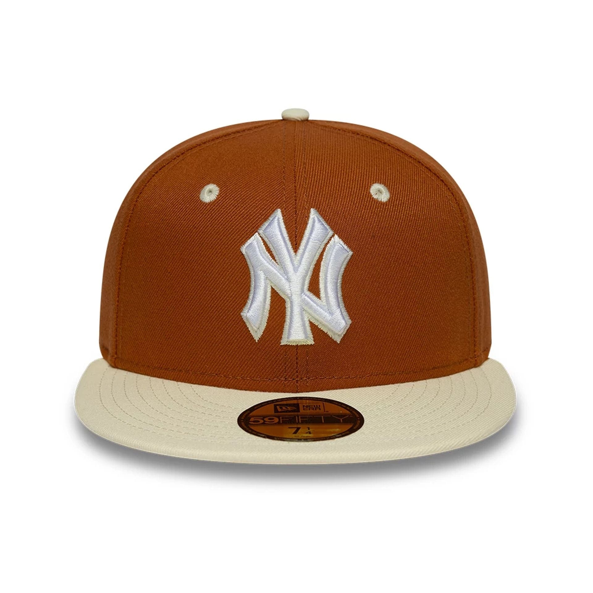 Pictured is this MLB Contrast New York Yankees 59FIFTY Fitted cap in brown. 2
