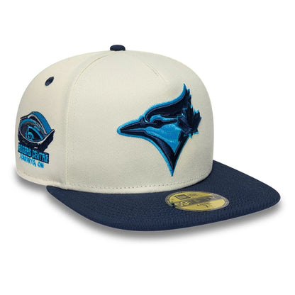 Pictured is this Toronto Blue Jays MLB White 59FIFTY A-Frame Fitted cap. 1