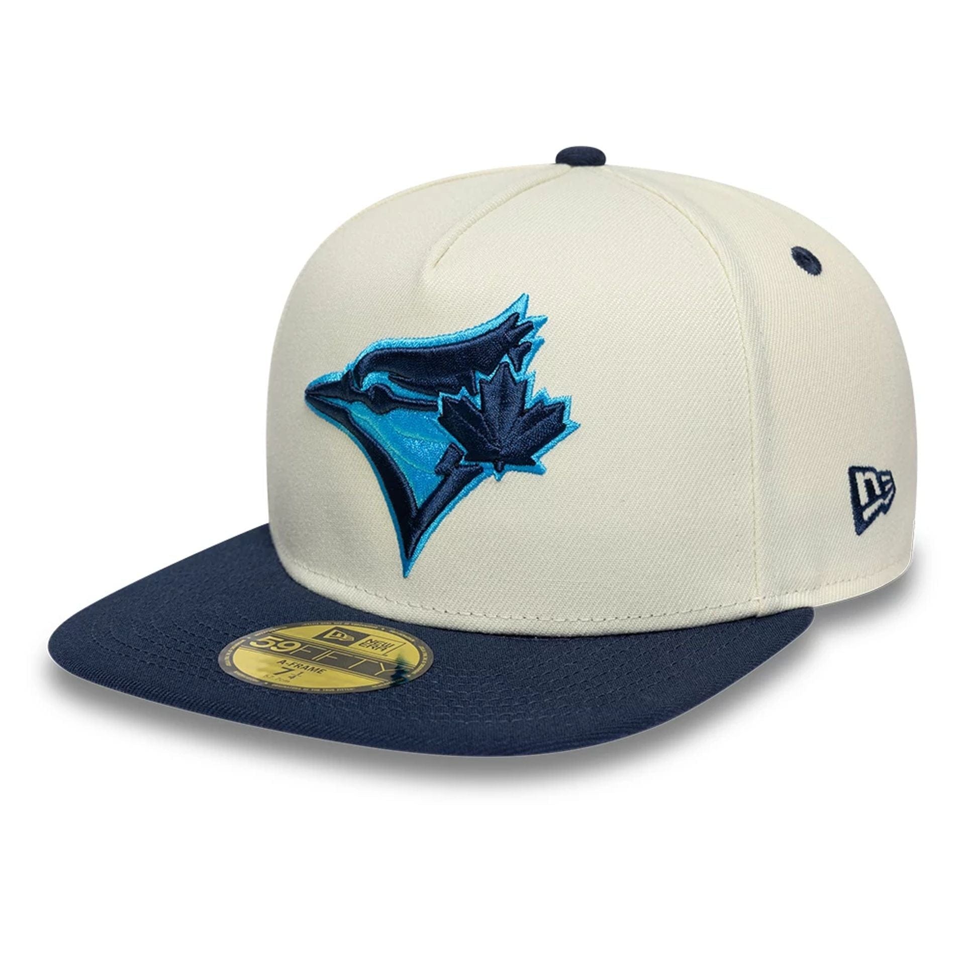 Pictured is this Toronto Blue Jays MLB White 59FIFTY A-Frame Fitted cap. 4
