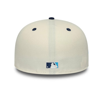 LA Dodgers MLB White New Era 59FIFTY A-Frame Fitted Cap, rear view showing the embroidered MLB Batterman logo at the centre back in blue and white, with contrasting dark eyelets and a top button on the white structured crown.