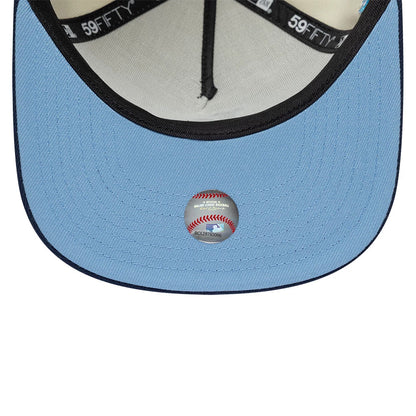 LA Dodgers MLB White New Era 59FIFTY A-Frame Fitted Cap, inside view showing a light blue undervisor with a baseball-themed sticker, black taping with 59FIFTY branding, and a white sweatband for added comfort.