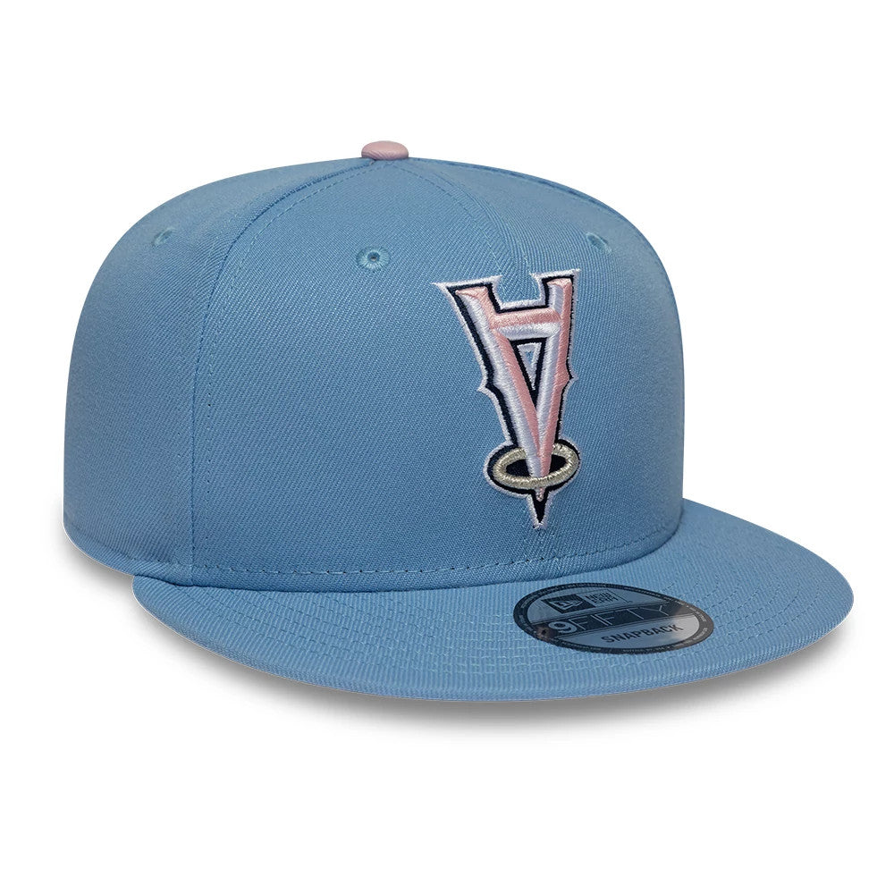 Pictured is this MLB Upside Down LA Angels 9FIFTY Snapback cap in pastel blue. 4