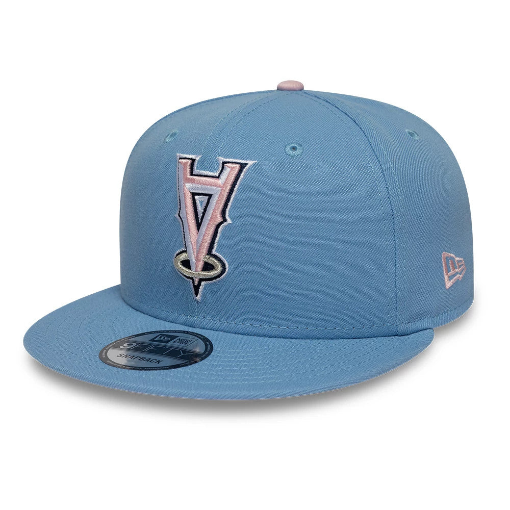 LA Angels MLB Upside Down Pastel Blue New Era 9FIFTY Snapback Cap, front view showing an inverted pink and black A logo with a halo embroidered on the front panel, pastel blue visor with a 9FIFTY size sticker.