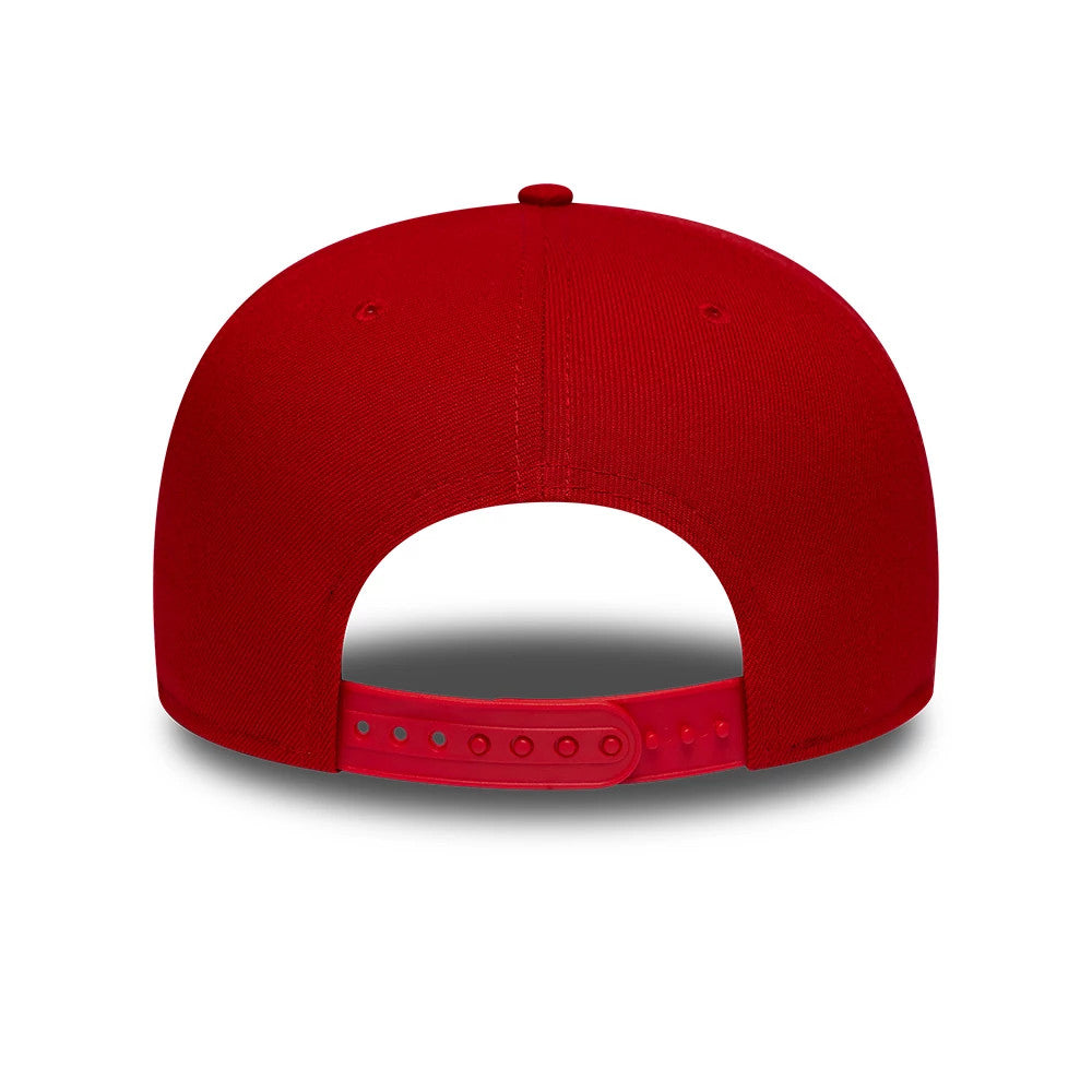 Philadelphia Phillies MLB Upside Down Red New Era 9FIFTY Snapback Cap, rear view showing the adjustable snapback closure in matching red with a structured, red crown, including embroidered eyelets and a top button.