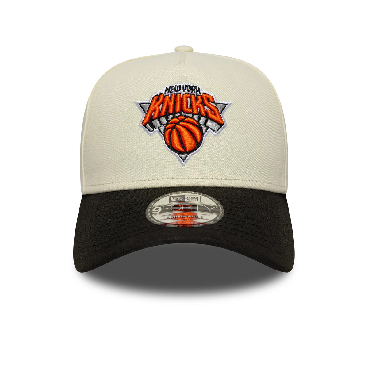 Pictured is this NBA New York Knicks 9FORTY A-Frame cap in white and black. 3