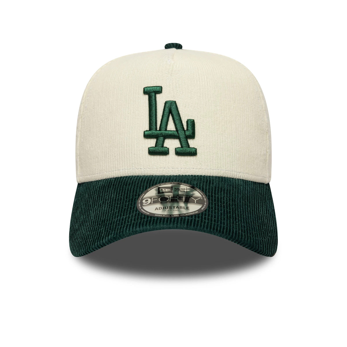 Pictured is this MLB Cord LA Dodgers 9FORTY A-Frame cap in cream and dark green. 3