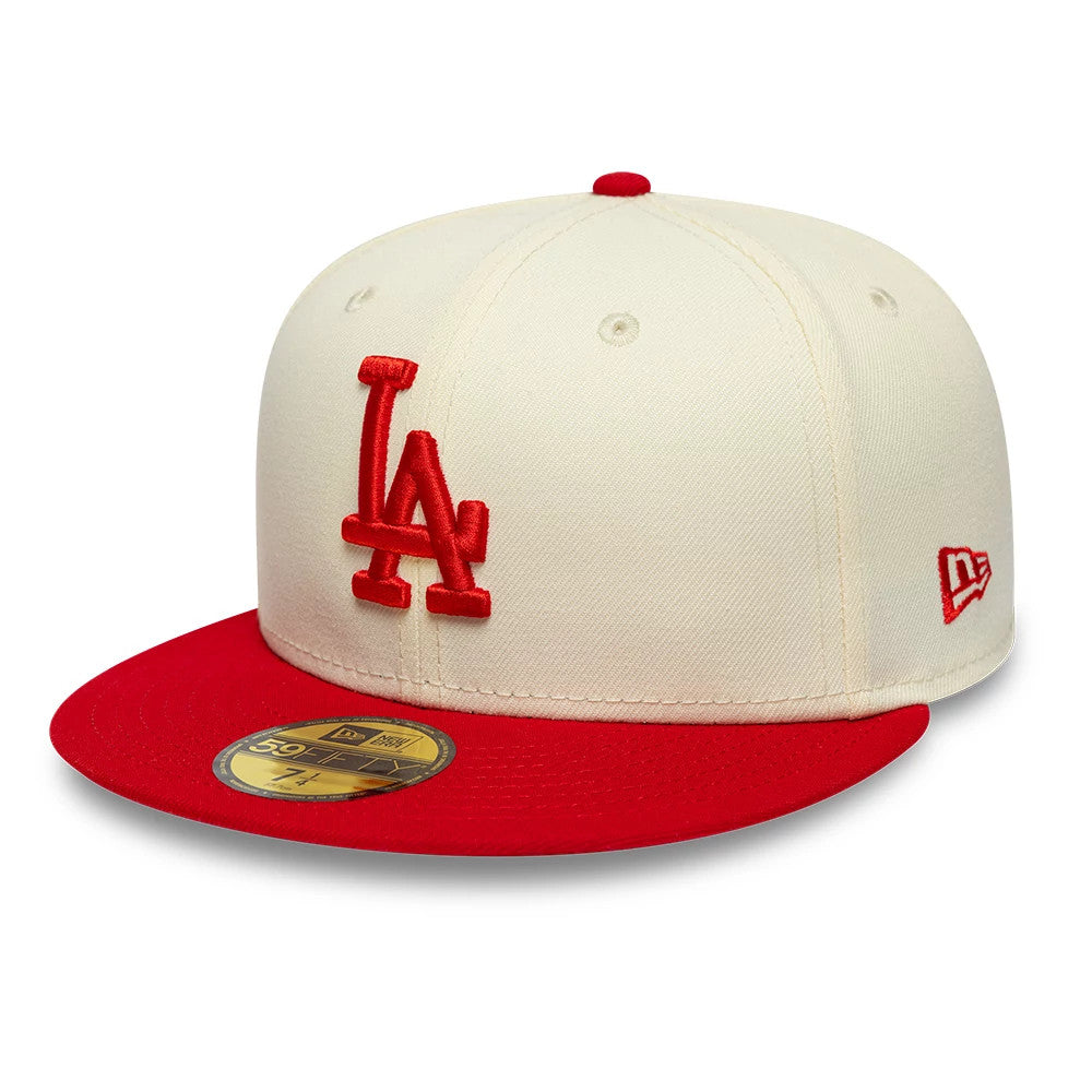 Pictured is this MLB Chrome Scarlet LA Dodgers 59FIFTY Fitted cap in cream. 3