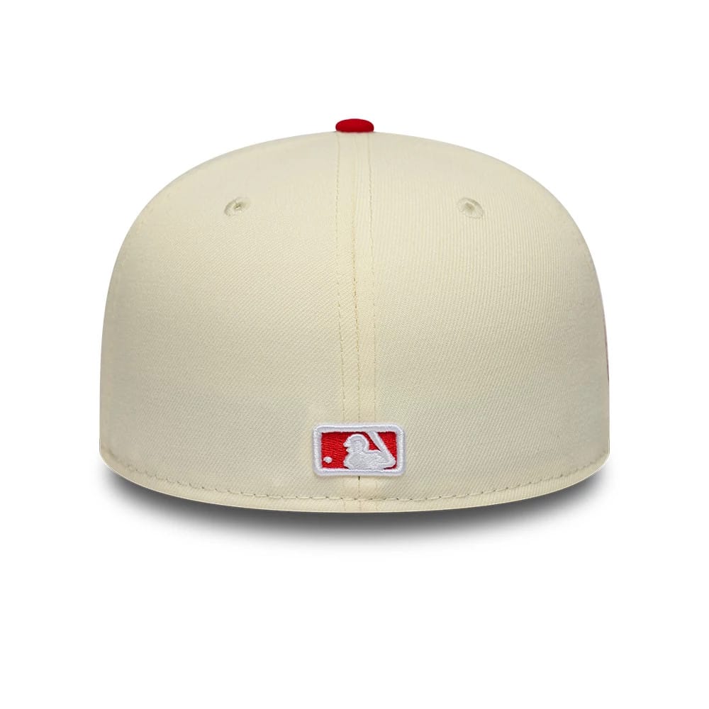 Pictured is this MLB Chrome Scarlet LA Dodgers 59FIFTY Fitted cap in cream. 6