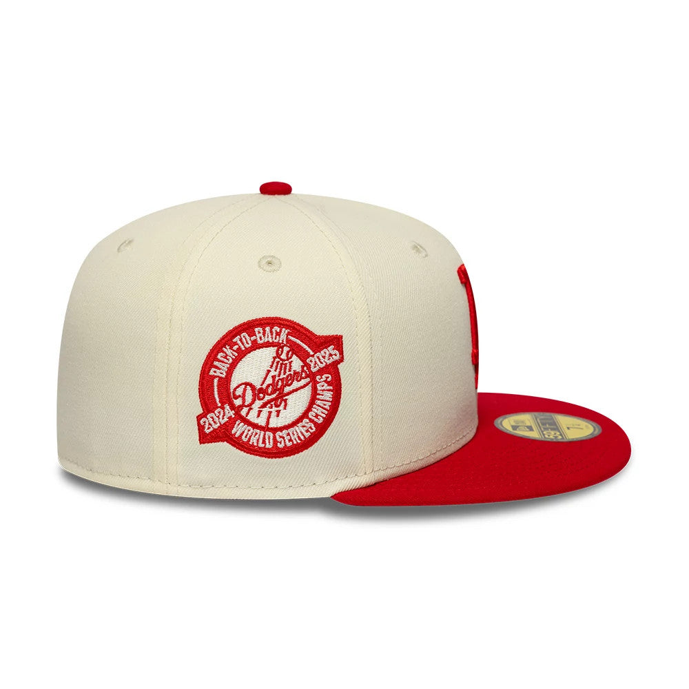 Pictured is this MLB Chrome Scarlet LA Dodgers 59FIFTY Fitted cap in cream. 4