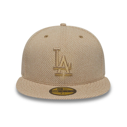 LA Dodgers MLB Heather Tan New Era 59FIFTY Fitted Cap, front view showing a raised tan embroidered LA logo on a textured heather tan crown, with a matching flat visor and a gold 59FIFTY size sticker on the visor.