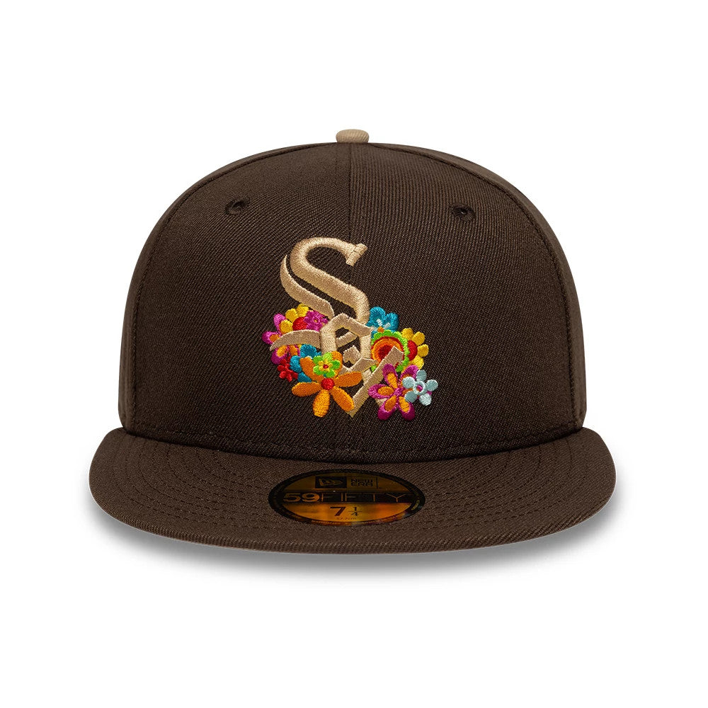 Pictured is this  MLB Floral Chicago White Sox 59FIFTY Fitted cap in dark brown. 3