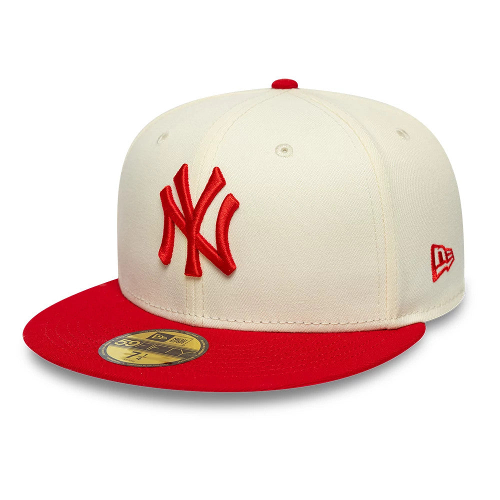Pictured is this MLB Chrome Scarlet New York Yankees 59FIFTY Fitted cap in cream. 3